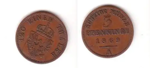 3 Pfennige Kupfer Münze Preussen 1869 A sehr schön