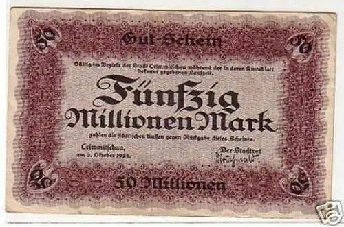 Banknote 50 Millionen Inflation Stadt Crimmitschau 1923