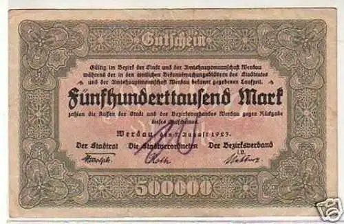 Banknote 500000 Mark Inflation Stadt Werdau 1923