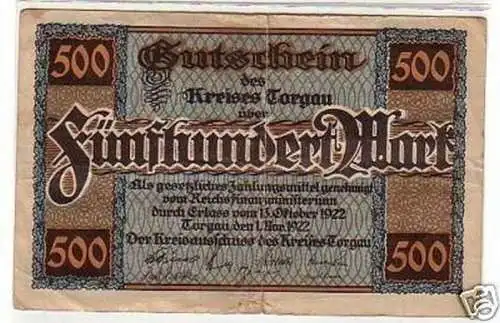 Banknote 500 Mark Inflation Kreis Torgau 1922