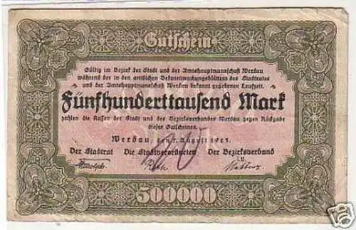 Banknote 500000 Mark Inflation Stadt Werdau 1923