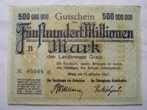 Banknote Inflation 500 Millionen Mark Greiz 1923