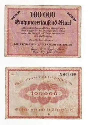 Banknote Inflation 100000 Mark Bitterfeld 1923