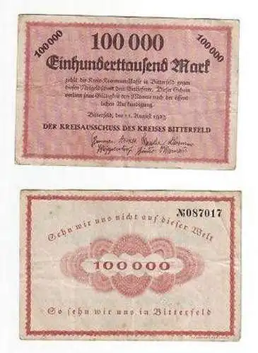 Banknote Inflation 100000 Mark Bitterfeld 1923