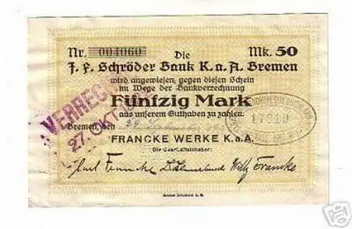 seltene Banknote 50 Mark Francke Werke Bremen 1922