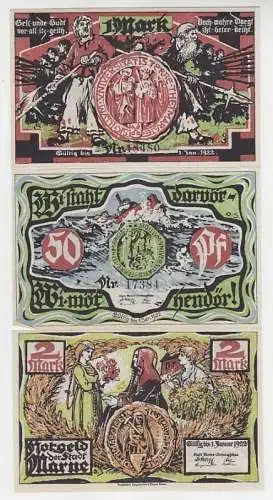 Kompl. Serie mit 3 Banknoten Notgeld Stadt Marne um 1921