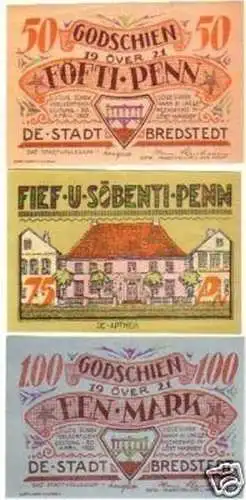 3 Banknoten Notgeld der Stadt Bredstedt 1921