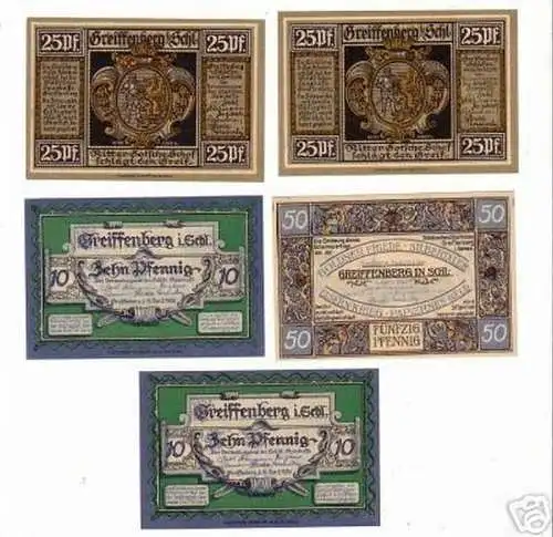 5 Banknoten Notgeld Stadt Greiffenberg i.Schlesien 1920