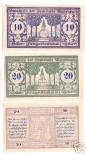 3 Banknoten Notgeld der Gemeinde Mehrnbach 1920