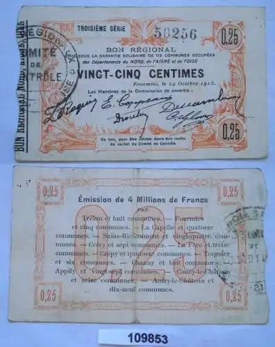 Notgeld Frankreich Bon Régional des Départ du Nord Fourmies billet 1915 (109853)