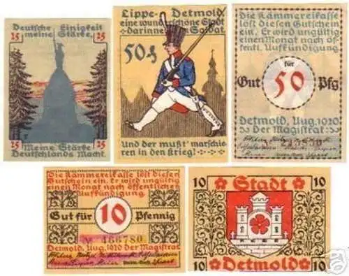 5 Banknoten Notgeld der Stadt Detmold Lippe 1920