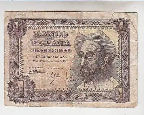 Seltene 1 Una Peseta Banknote Spanien Spain 19.11.1951