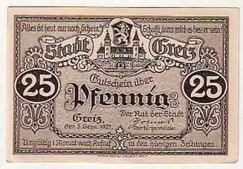 25 Pfennig Banknote Notgeld Stadt Greiz 1921