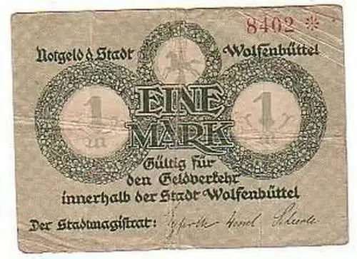 1 Mark Banknote Notgeld Stadt Wolfenbüttel 1918