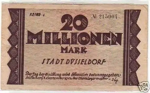 Banknote Inflation 20 Mill. Mark Stadt Düsseldorf 1923