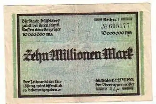 Banknote Inflation 10 Millionen Mark Düsseldorf 1923