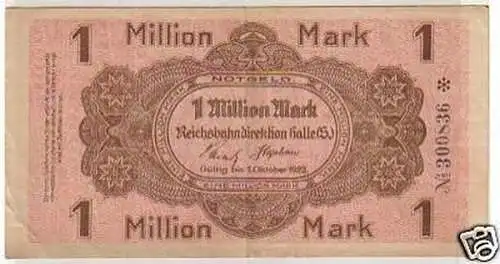 Inflation Banknote 1 Million Reichsbahndirektion Halle