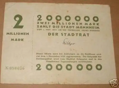 rare Banknote Inflation 2 Millionen Stadt Mannheim 1923