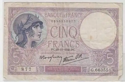 Alte 5 Francs Banknote Frankreich 1940