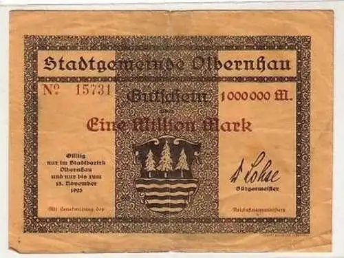 Banknote 1 Million Mark Inflation Olbernhau 15.11.1923