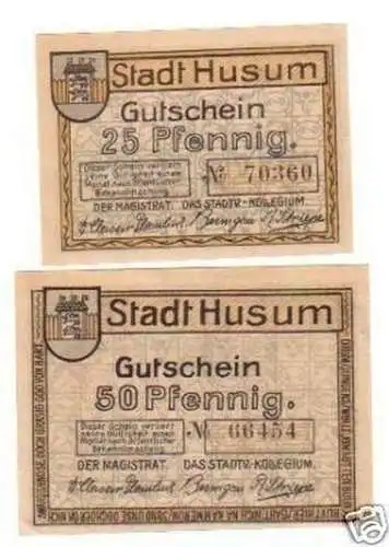 2 Banknoten Notgeld Stadt Husum Schleswig Holst um 1921