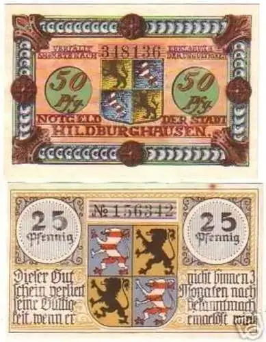 2 Banknoten Notgeld der Stadt Hildburghausen 1921