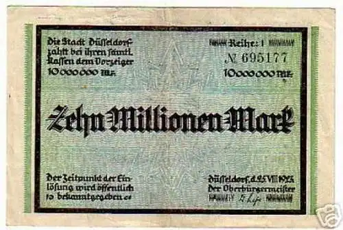 rare Banknote Inflation 10 Millionen Mk Düsseldorf 1923