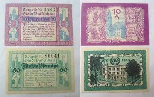 2 Banknoten Notgeld Stadt Patschkau Schlesien 1921