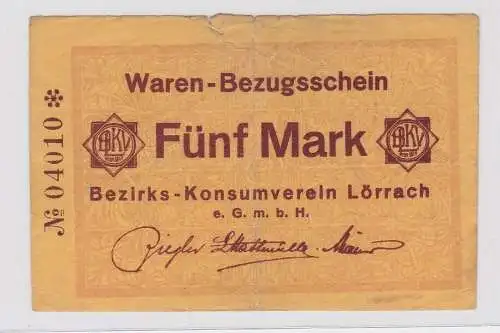 5 Mark Banknote Waren Bezugsschein Bezirks Konsumverein Lörrach  (126726)