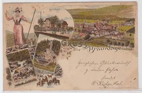 88392 Lithographie Gruss aus Braunlage - Berg-Hotel, Wasserfall, Totalansicht