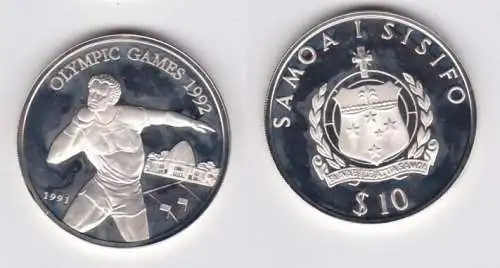 10 Tala Silbermünze Samoa Olympia Barcelona 1992, Kugelstosser 1991 (144322)