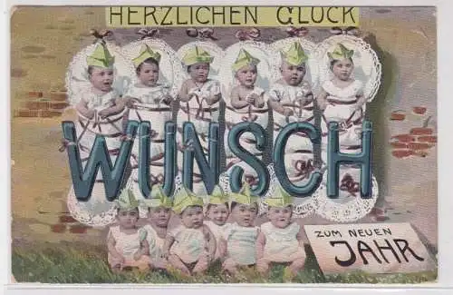 907063 Neujahrs Ak mit einem Dutzend Babys `Herzlichen Glückwunsch` 1907