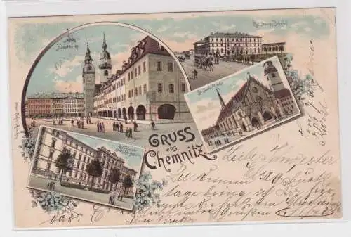 905149 Lithographie Ak Gruss aus Chemnitz - Hauptmarkt, St. Jacobi-Kirche usw.