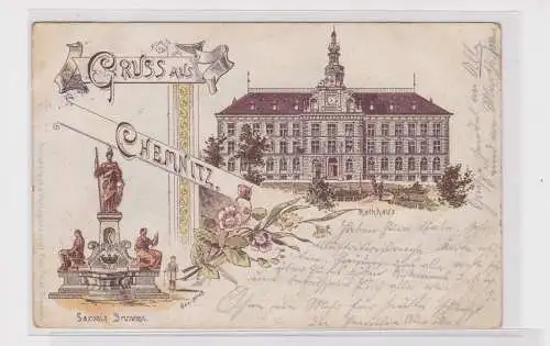 906192 Ak Lithographie Gruß aus Chemnitz Saxonia Brunnen und Rathaus 1897