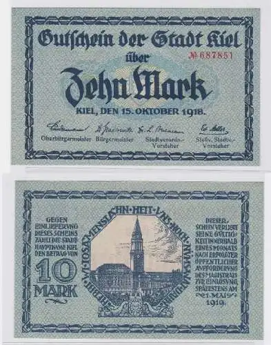 10 Mark Gutschein Banknote Stadt Kiel 15.Oktober 1918 (117348)