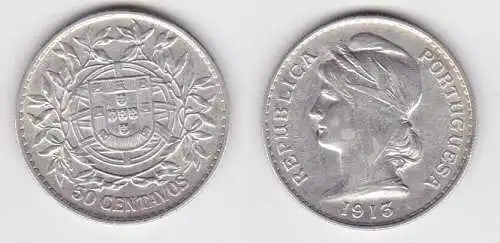 50 Centavos Silber Münze Portugal 1913 vz KM 561 (141218)