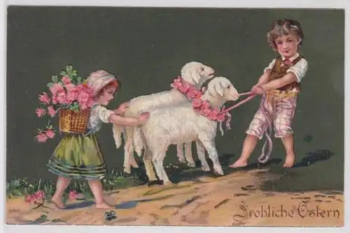 98353 Präge AK Fröhliche Ostern Junge zieht 2 Schafe Mädchen schiebt um 1910