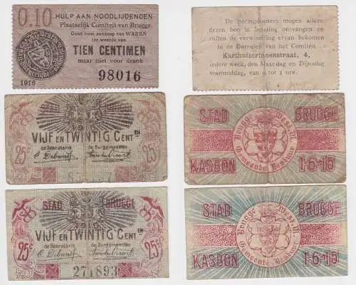 3x Banknote Belgien Stadt Brugge 10 - 25 Centiemen  1915/1916 (159587)