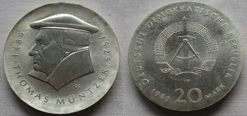 DDR Gedenk Münze 20 Mark Thomas Müntzer 1989 Stempelglanz (135157)