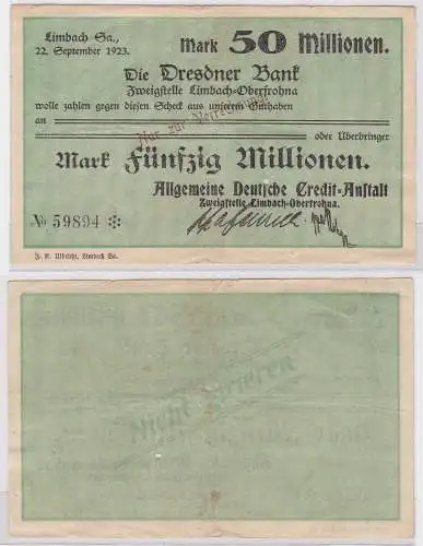 50 Millionen Mark Banknote Dresdner Bank Limbach 22.9.1923 (121676)