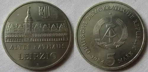 DDR Gedenk Münze 5 Mark Leipzig altes Rathaus 1984 Stempelglanz (143818)