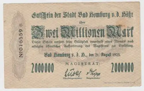 2 Millionen Mark Banknote Inflation Stadt Bad Homburg v.d.Höhe 1923 (140114)