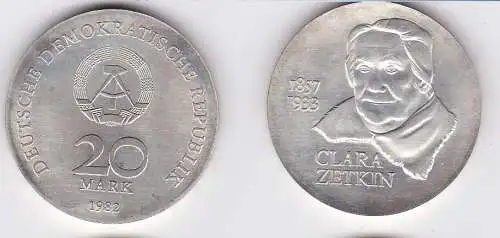 DDR Gedenk Münze 20 Mark Clara Zetkin 1982 Stempelglanz (128282)