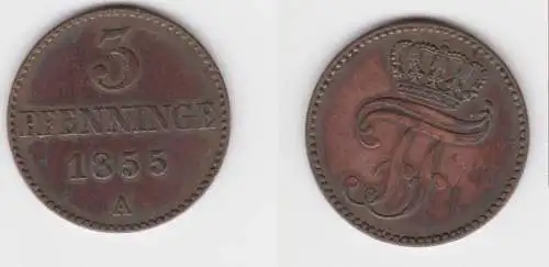 3 Pfennige Kupfer Münze Mecklenburg Schwerin 1855 A ss (151177)