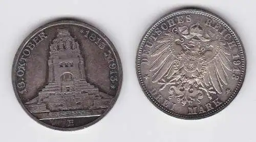 3 Mark Silber Münze Sachsen Völkerschlachtdenkmal Leipzig 1913 vz (150608)