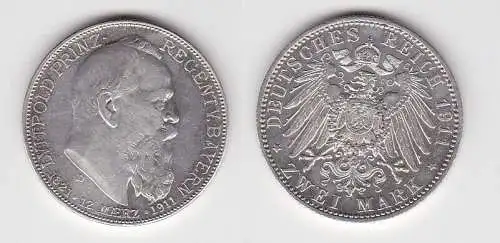 2 Mark Silbermünze Bayern Prinzregent Luitpold 1911 Jäger 48 vz+ (150252)