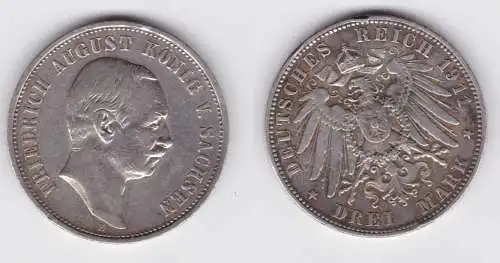 3 Mark Silbermünze Sachsen König Friedrich August 1911 Jäger 135 f.ss (154369)