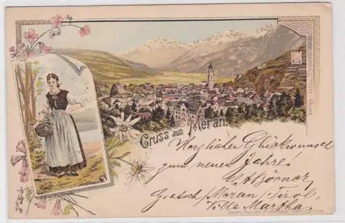 901136 Lithographie Ak Gruss aus Meran - Totalansicht 1899