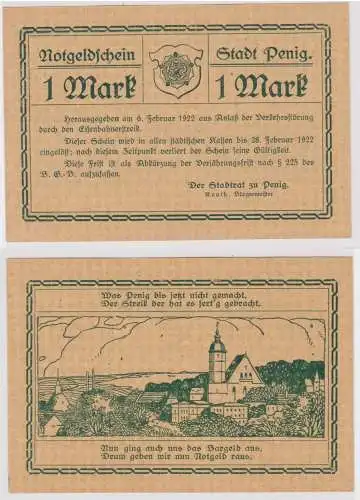 Seltene Banknote Notgeld 1 Mark Stadt Penig 6.2.1922 (133586)