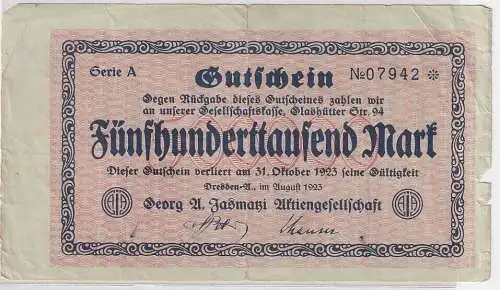 500000 Mark Banknote Dresden Georg A.Jasmatzi AG 31.10.1923 (101324)